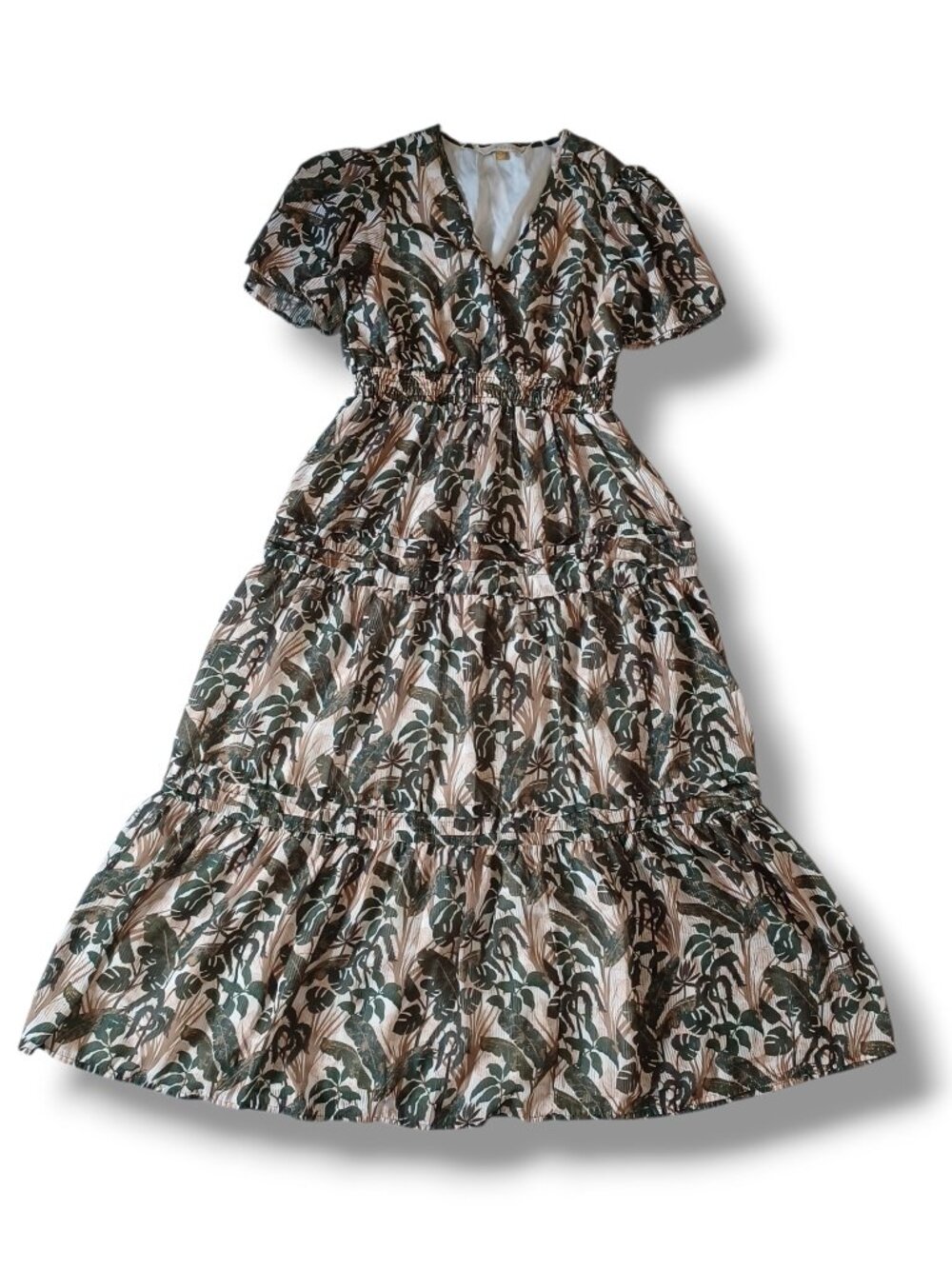 Downeast Womens Flowy Maxi Dress in Green Cream Floral Tiered Resortwear Size S